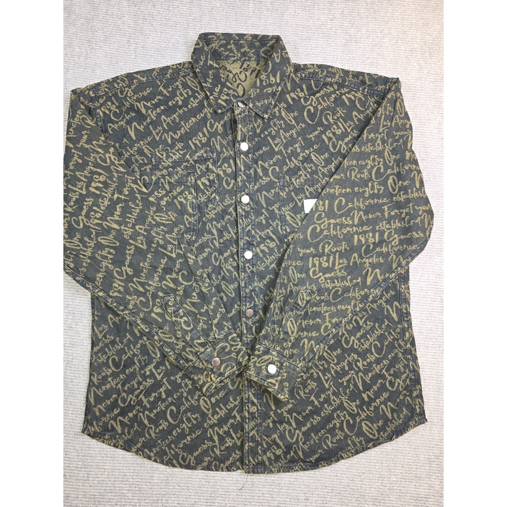 BEDXXSAUSUP Mens Script Print Denim Shirt Los Angeles California Black Gold